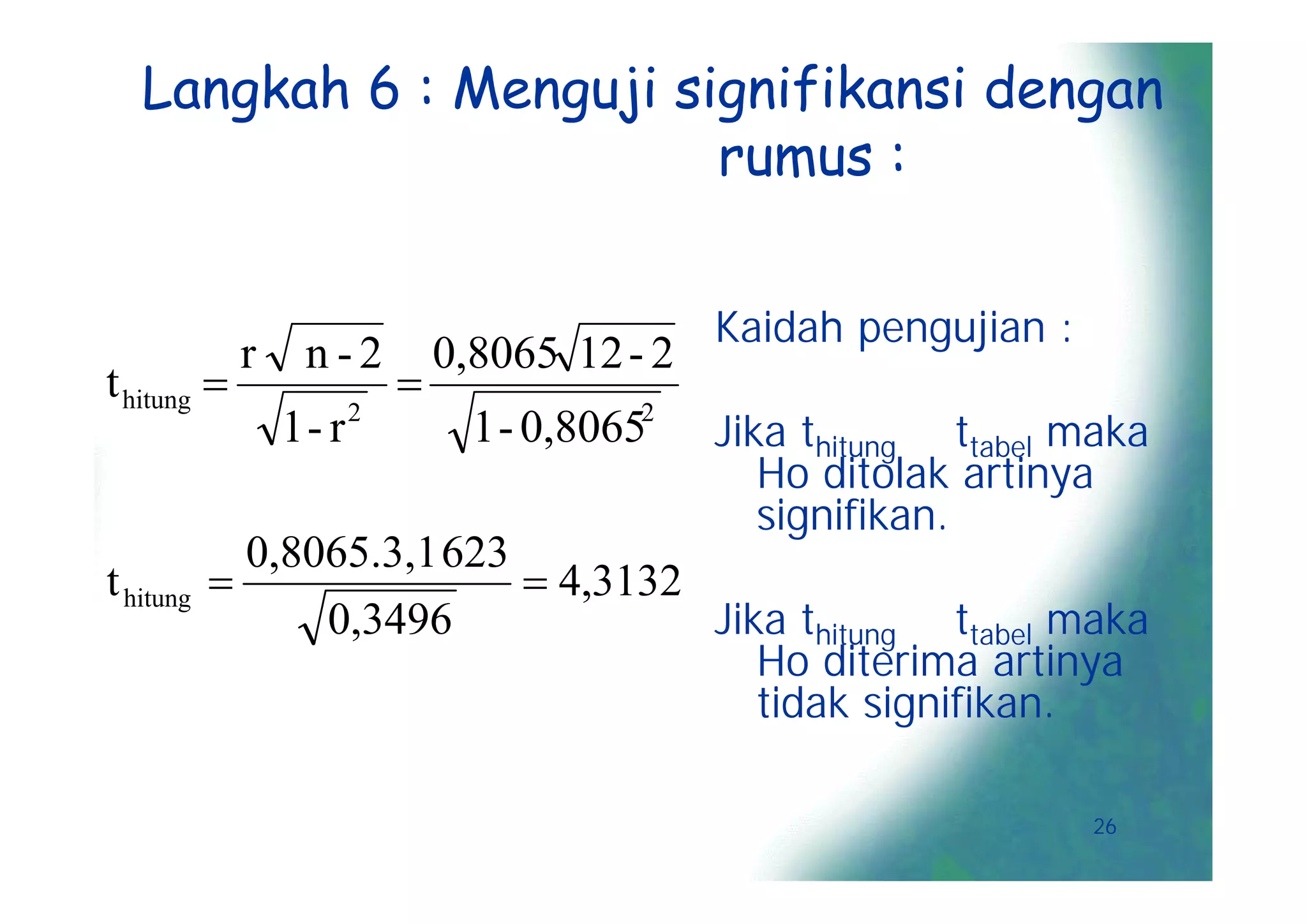 Langkah 6 : Menguji signifikansi dengan
                         rumus :

                                                Kaidah pengujian :
             r    n-2           0,8065 12 - 2
t hitung                   
                                                Jika thitung ≥ ttabel maka
                        2                  2
                 1- r             1 - 0,8065
                                                   Ho ditolak artinya
                                                   signifikan.
             0,8065.3,1 623
t hitung                    4,3132
                 0,3496              Jika thitung ≤ ttabel maka
                                        Ho diterima artinya
                                        tidak signifikan.

                                                                      26
 