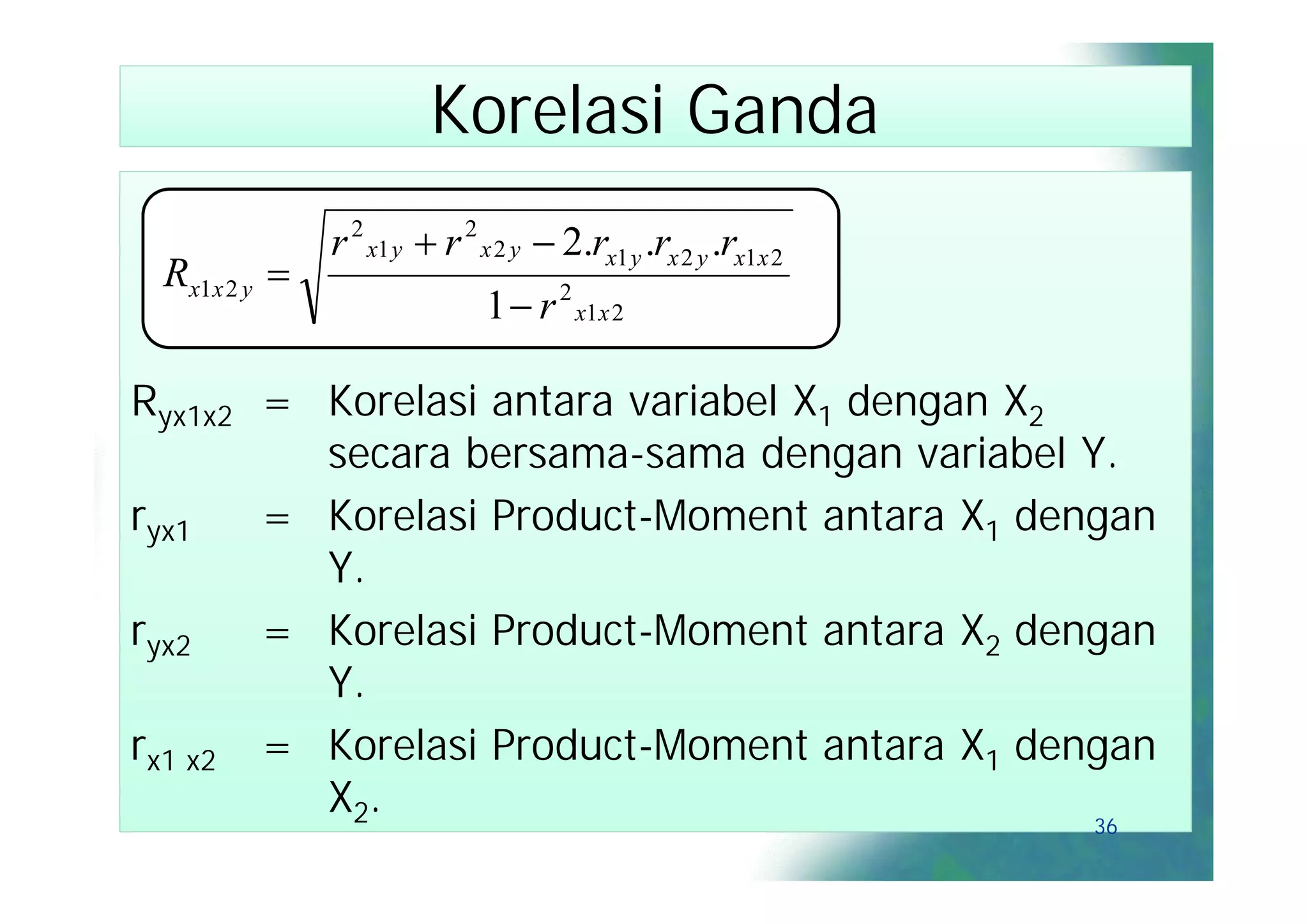 Korelasi Ganda
              r 2 x1 y  r 2 x 2 y  2.rx1 y .rx 2 y .rx1x 2
 Rx1x 2 y 
                             1  r 2 x1x 2

Ryx1x2 = Korelasi antara variabel X1 dengan X2
         secara bersama-sama dengan variabel Y.
ryx1   = Korelasi Product-Moment antara X1 dengan
         Y.
ryx2   = Korelasi Product-Moment antara X2 dengan
         Y.
rx1 x2 = Korelasi Product-Moment antara X1 dengan
         X2.
                                                               36
 