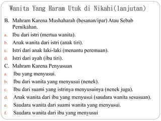Wanita Yang Haram Utuk di Nikahi(lanjutan)
B. Mahram Karena Mushaharah (besanan/ipar) Atau Sebab
Pernikahan.
a. Ibu dari istri (mertua wanita).
b. Anak wanita dari istri (anak tiri).
c. Istri dari anak laki-laki (menantu peremuan).
d. Istri dari ayah (ibu tiri).
C. Mahram Karena Penyusuan
a. Ibu yang menyusui.
b. Ibu dari wanita yang menyusui (nenek).
c. Ibu dari suami yang istrinya menyusuinya (nenek juga).
d. Anak wanita dari ibu yang menyusui (saudara wanita sesusuan).
e. Saudara wanita dari suami wanita yang menyusui.
f. Saudara wanita dari ibu yang menyusui
 