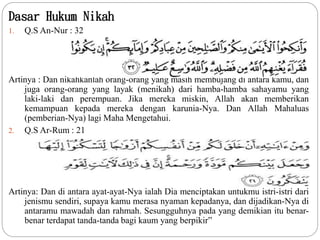 Dasar Hukum Nikah
1. Q.S An-Nur : 32
Artinya : Dan nikahkanlah orang-orang yang masih membujang di antara kamu, dan
juga orang-orang yang layak (menikah) dari hamba-hamba sahayamu yang
laki-laki dan perempuan. Jika mereka miskin, Allah akan memberikan
kemampuan kepada mereka dengan karunia-Nya. Dan Allah Mahaluas
(pemberian-Nya) lagi Maha Mengetahui.
2. Q.S Ar-Rum : 21
Artinya: Dan di antara ayat-ayat-Nya ialah Dia menciptakan untukmu istri-istri dari
jenismu sendiri, supaya kamu merasa nyaman kepadanya, dan dijadikan-Nya di
antaramu mawadah dan rahmah. Sesungguhnya pada yang demikian itu benar-
benar terdapat tanda-tanda bagi kaum yang berpikir”
 