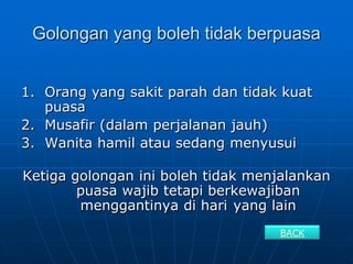 Golongan yang boleh tidak berpuasa


1. Orang yang sakit parah dan tidak kuat
   puasa
2. Musafir (dalam perjalanan jauh)
3. Wanita hamil atau sedang menyusui

Ketiga golongan ini boleh tidak menjalankan
        puasa wajib tetapi berkewajiban
        menggantinya di hari yang lain
                                   BACK
 