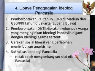 1. Pemberontakan PKI tahun 1948 di Madiun dan
G30/PKI tahun di Jakarta (Lubang Buaya)
2. Pemberontakan DI/TII.Gerakan kelompok warga
yang menginginkan Ideologi Pancasila diganti
dengan Ideologi agama tertentu
3. Gerakan sosial liberal yang berlebihan
menimbulkan anarkisme
4. Sakralisasi Ideologi Pancasila
– (tidak boleh mengembangkan nilai-nilai
Pancasila)
4. Upaya Penggagalan Ideologi
Pancasila
 