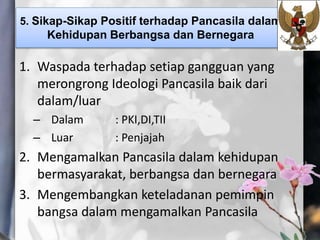 1. Waspada terhadap setiap gangguan yang
merongrong Ideologi Pancasila baik dari
dalam/luar
– Dalam : PKI,DI,TII
– Luar : Penjajah
2. Mengamalkan Pancasila dalam kehidupan
bermasyarakat, berbangsa dan bernegara
3. Mengembangkan keteladanan pemimpin
bangsa dalam mengamalkan Pancasila
5. Sikap-Sikap Positif terhadap Pancasila dalam
Kehidupan Berbangsa dan Bernegara
 