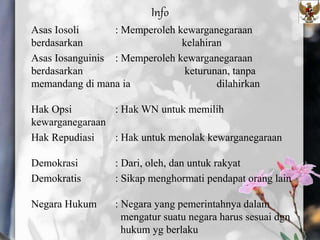 Info
Asas Iosoli : Memperoleh kewarganegaraan
berdasarkan kelahiran
Asas Iosanguinis : Memperoleh kewarganegaraan
berdasarkan keturunan, tanpa
memandang di mana ia dilahirkan
Hak Opsi : Hak WN untuk memilih
kewarganegaraan
Hak Repudiasi : Hak untuk menolak kewarganegaraan
Demokrasi : Dari, oleh, dan untuk rakyat
Demokratis : Sikap menghormati pendapat orang lain
Negara Hukum : Negara yang pemerintahnya dalam
mengatur suatu negara harus sesuai dgn
hukum yg berlaku
 