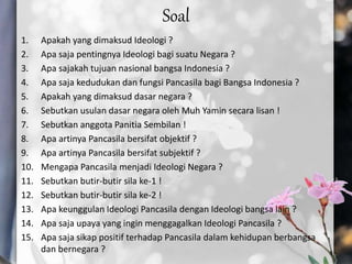 Soal
1. Apakah yang dimaksud Ideologi ?
2. Apa saja pentingnya Ideologi bagi suatu Negara ?
3. Apa sajakah tujuan nasional bangsa Indonesia ?
4. Apa saja kedudukan dan fungsi Pancasila bagi Bangsa Indonesia ?
5. Apakah yang dimaksud dasar negara ?
6. Sebutkan usulan dasar negara oleh Muh Yamin secara lisan !
7. Sebutkan anggota Panitia Sembilan !
8. Apa artinya Pancasila bersifat objektif ?
9. Apa artinya Pancasila bersifat subjektif ?
10. Mengapa Pancasila menjadi Ideologi Negara ?
11. Sebutkan butir-butir sila ke-1 !
12. Sebutkan butir-butir sila ke-2 !
13. Apa keunggulan Ideologi Pancasila dengan Ideologi bangsa lain ?
14. Apa saja upaya yang ingin menggagalkan Ideologi Pancasila ?
15. Apa saja sikap positif terhadap Pancasila dalam kehidupan berbangsa
dan bernegara ?
 