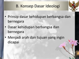 • Prinsip dasar kehidupan berbangsa dan
bernegara
• Dasar kehidupan berbangsa dan
bernegara
• Menjadi arah dan tujuan yang ingin
dicapai
B. Konsep Dasar Ideologi
 