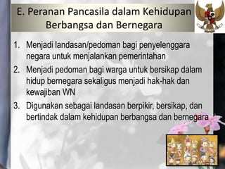 E. Peranan Pancasila dalam Kehidupan
Berbangsa dan Bernegara
1. Menjadi landasan/pedoman bagi penyelenggara
negara untuk menjalankan pemerintahan
2. Menjadi pedoman bagi warga untuk bersikap dalam
hidup bernegara sekaligus menjadi hak-hak dan
kewajiban WN
3. Digunakan sebagai landasan berpikir, bersikap, dan
bertindak dalam kehidupan berbangsa dan bernegara
 
