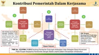 REPUBLIK
INDONESIA
Kontribusi Pemerintah Dalam Kerjasama
8
Dasar Hukum :
Proyek
Pemerintah
Pusat
(Tarif)
VGF
(Kemenkeu)
PD...