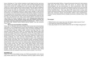 taurat, mendengar itu Yesus berkata kepadanya masih tinggal satu lagi yang harus
kamu lakukan yaitu juallah segala yang kamu miliki dan bagi-bagikanlah kepada
orang miskin. Ketika dia mendengar hal itu dia menjadi sangat sedih karena dia
sangat kaya. Orang ini gagal masuk ke dalam kerajaan sorga atau gagal mendapatkan
keselamatan karena tidak rela untuk menjual hartanya, karena hukum taurat yang
pertama jangan ada allah lain di hadapanku. Disini Allah harus selalu yang utama
tetapi orang ini menempatkan hartanya di bagian utama sehingga ia tidak beroleh
keselamatan. Yesus tidak berkata demikian terhadap Zakheus namun menyuruh turun
dan mengatakan akan menumpang di rumah nya dan hasilnya Zakheus memberikan
setengah dari hartanya kepada orang miskin dan mau mengembalikan empat kali lipat
dari uang yang diperasnya dari orang, artinya Ketika Zakheus menerima karunia
tanpa disadari dia mampu menggenapi hukum Tuhan (Kekuatan dari Tuhan secara
vertikal bekerja ke bawah, membuat mereka sadar akan dampak horizontal atas
masyarakat yang harus terjadi karena memiliki keselamatan itu). Zakheus selamat
dan disebut anak Abraham karena Zakheus percaya kepada Yesus dan menyebut
Yesus Tuhan.
Misi Yesus menyelamatkan yang hilang
Dalam ayat 10 dikatakan anak manusia datang untuk mencari dan menyelamatkan
yang hilang, Yesus menggambarkan misinya yang menekankan Tindakan yang telah
dilakukan yaitu mencari dan menyelamtkan orang yang hilang (bandingkan Lukas
15). Keselamatan terhadap Zakheus adalah sessuatu yang tepat bagi misi yang
diberikan Allah kepada Yesus. Dalam PL keselamatan akan didapat dengan jalan
korban perdamaian, penebusan dan pembenaran. Dalam PB yang menjadi korban
pendamaian adalah Yesus Kristus. Inilah tujuan Yesus datang ke dunia dalam karya
penebusanNya sasaran Yesus adalah orang yang hilang ( anugerah ini sangat kontras
dengan pandangan dan kasih manusia). Menyelamatkan yang hilang berarti
menyelamatkan siapa saja yang tersesat jalan hidupnya, seperti Yesus mengumpakan
sebagai domba yang hilang. Misi Yesus dilakukan melalui membangun hubungan
dari yang tidak mengenal Allah menjadi mengenal Allah. Prinsip yang paling penting
adalah inisiatif Yesus untuk mencari dan menyelamatkan diberikan kepada mereka
yang merespon melalui iman. Bagi orang Yahudi tipikal Zakheus yang menjabat
sebagai pemungut cukai adalah orang yang digolongkan jahat karena mereka
memungut pajak melebihi dari yang seharusnya. Bukan soal memungut cukai, tetapi
lebihnya itu untuk diri sendiri. Zakheus tahu bahwa dia dicap sebagai seorang
koruptor. Walau demikian halnya perilaku Zakheus, keselamatan tetap datang
kepadanya Ketika dia mengambil sikap melalui imannya kepada Yesus Kristus.
KESIMPULAN
Lukas 19:1-10 ini menceritakan tentang misi Allah menyelamatkan umat manusia
yang berdosa dalam hal ini Allah menunjukkan kasihNya kepada manusia seperti
yang terjadi pada pribadi Zakheus. Anugerah keselamatan bukan dari usaha manusia
tetapi hanya dari kasih karunia Allah oleh karena itu manusia tidak boleh
menyombongkan diri atas penyelamatan itu. Karya penyelamatan Allah tidak
terbatas bagi orang Kristen saja namun keselamatan tersedia secara universal bagi
siapa saja yang percaya dan menerima Yesus sebagai Tuhan dan Juru Selamat. Yesus
Kristus menerobos batas – batas yang dibuat oleh manusia (hal ini sering sekali
terjadi, entah dalam kesadaran atau di luar kesadaran, manusia terlalu mudah menjadi
hakim bagi sesamanya) dengan menyelamatkan Zakheus tanpa menghakiminya.
Penilaian manusia bukanlah penentu terhadap keselamatan melainkan hanya Allah
sendiri.
Perenungan
1. Dalam konteks saat ini upaya apa yang kita lakukan dalam mencari Yesus?
2. Apa respon kita setelah bertemu dengan Yesus?
3. Apa yang menjadi misi kita, dalam konteks kita saat ini sebagai orang percaya?
 