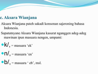 c. AksaraWianjana 
Aksara Wianjana pateh sakadi konsonan sajeroning bahasa 
Indonesia. 
Sapatutnyane Aksara Wianjana kasurat nganggen adeg-adeg 
mawinan ipun masuara nengen, umpami: 
k/, = masuara ‘ek’ 
n/, = masuara ‘en’ 
b/, = masuara ‘ eb’, msl. 
 