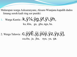 Malarapan warga Asksaranyane, Aksara Wianjana kapalih dados 
limang soroh kadi ring sor puniki: 
1. Warga Kantia : k,ÿ¼,ÿg,ÿf,ÿ,ÿh, 
ka, kha, ga, gha, nga, ha. 
2. Warga Talawia : c,ÿÿÈ,ÿj,ÿüÿ,ÿz,ÿy,ÿ], 
ca,cha, ja, jha, nya, ya, ça. 
 