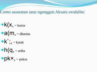 Conto sasuratan sane nganggen Aksara swalalita: 
k(x, = karna 
a(m, = dharma 
k`;, = katah 
h(q, = artha 
pk×, = paksa 
 