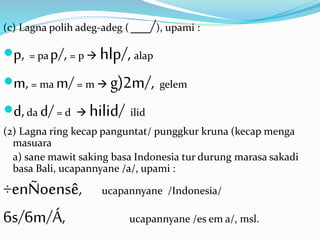 (c) Lagna polih adeg-adeg ( ___/), upami : 
p, = pa p/, = p  hlp/, alap 
m, = ma m/ = m  g)2m/, gelem 
d, da d/ = d  hilid/ ilid 
(2) Lagna ring kecap panguntat/ punggkur kruna (kecap menga 
masuara 
a) sane mawit saking basa Indonesia tur durung marasa sakadi 
basa Bali, ucapannyane /a/, upami : 
÷enÑoensê, ucapannyane /Indonesia/ 
6s/6m/Á, ucapannyane /es em a/, msl. 
 