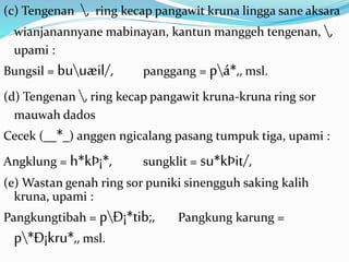 (c) Tengenan , ring kecap pangawit kruna lingga sane aksara 
wianjanannyane mabinayan, kantun manggeh tengenan, , 
upami : 
Bungsil = buuæil/, panggang = pá*,, msl. 
(d) Tengenan , ring kecap pangawit kruna-kruna ring sor 
mauwah dados 
Cecek (__*_) anggen ngicalang pasang tumpuk tiga, upami : 
Angklung = h*kÞ¡*, sungklit = su*kÞit/, 
(e)Wastan genah ring sor puniki sinengguh saking kalih 
kruna, upami : 
Pangkungtibah = pÐ¡*tib;, Pangkung karung = 
p*Ð¡kru*,, msl. 
 