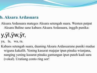 b. Aksara Ardasuara 
Aksara Ardasuara mateges Aksara setengah suara. Wenten patpat 
Aksara Baline sane kabaos Aksara Ardasuara, inggih punika: 
y,ÿl,ÿw,ÿr, 
ya, la, wa, ra. 
Kabaos setengah suara, duaning Aksara Ardasuarane puniki madue 
wiguna kakalih. Yening kasurat majajar ipun pinaka wianjana, 
nanging yening kasurat pinaka gantungan ipun pateh kadi sura 
(vokal). Uratiang conto ring sor! 
 