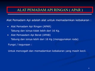 ALAT PEMADAM API RINGAN ( APAR )

Alat Pemadam Api adalah alat untuk memadamkan kebakaran :

•   Alat Pemadam Api Ringan (APAR)
    Tabung dan isinya tidak lebih dari 16 Kg.
•   Alat Pemaadam Api Berat (APAB)
    Tabung dan isinya lebih dari 16 Kg (menggunakan roda)

 Fungsi / kegunaan :

 Untuk mencegah dan memadamkan kebakaran yang masih kecil.




                                                             4
 
