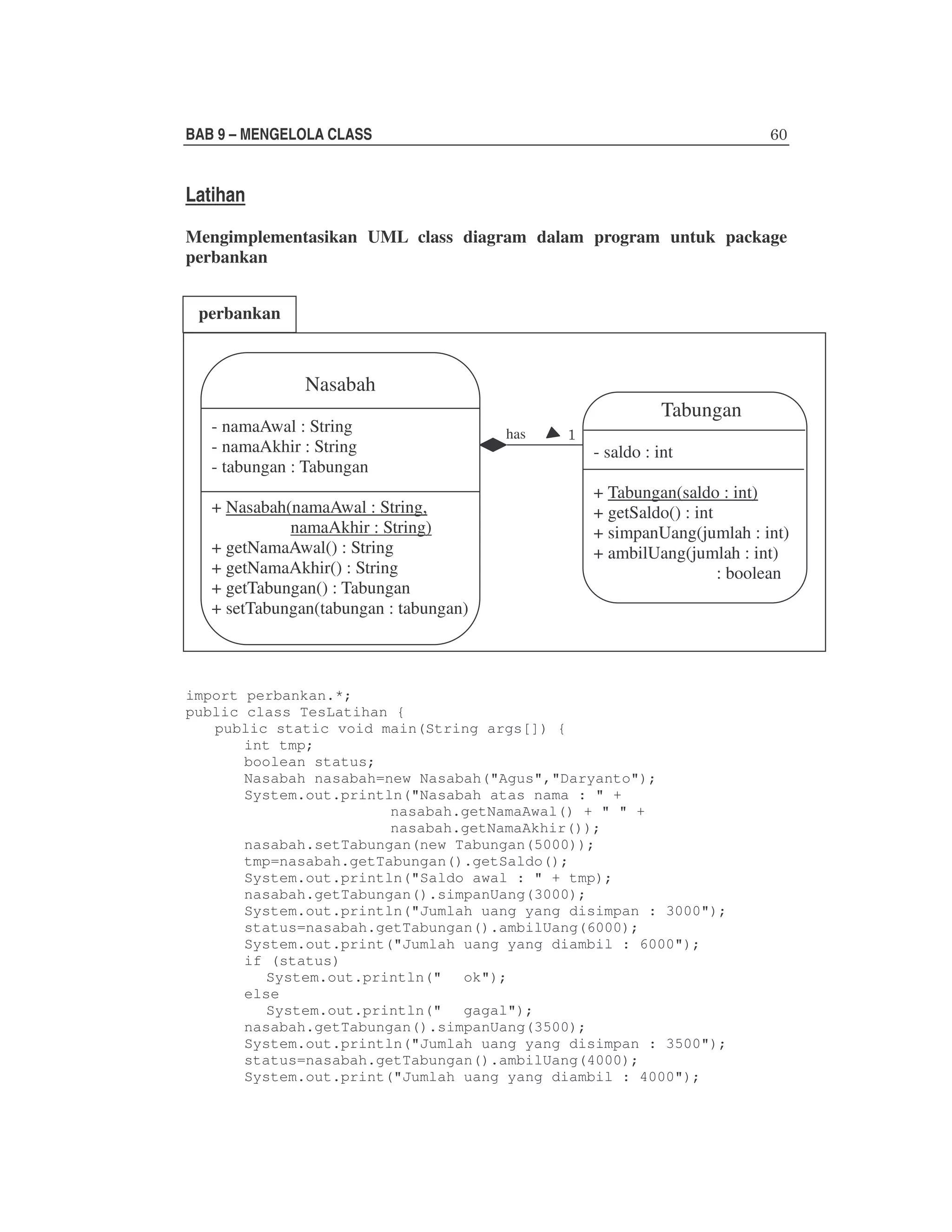 BAB 9 – MENGELOLA CLASS

Latihan
Mengimplementasikan UML class diagram dalam program untuk package
perbankan
perbankan

Nasabah
- namaAwal : String
- namaAkhir : String
- tabungan : Tabungan

Tabungan
has

- saldo : int

+ Tabungan(saldo : int)
+ Nasabah(namaAwal : String,
+ getSaldo() : int
namaAkhir : String)
+ simpanUang(jumlah : int)
+ getNamaAwal() : String
+ ambilUang(jumlah : int)
+ getNamaAkhir() : String
: boolean
+ getTabungan() : Tabungan
Transformasikan class diagram diatas ke dalam bentuk program?. Tulislah listing
+ setTabungan(tabungan : tabungan)
program berikut ini sebagai pengetesan.

import perbankan.*;
public class TesLatihan {
public static void main(String args[]) {
int tmp;
boolean status;
Nasabah nasabah=new Nasabah("Agus","Daryanto");
System.out.println("Nasabah atas nama : " +
nasabah.getNamaAwal() + " " +
nasabah.getNamaAkhir());
nasabah.setTabungan(new Tabungan(5000));
tmp=nasabah.getTabungan().getSaldo();
System.out.println("Saldo awal : " + tmp);
nasabah.getTabungan().simpanUang(3000);
System.out.println("Jumlah uang yang disimpan : 3000");
status=nasabah.getTabungan().ambilUang(6000);
System.out.print("Jumlah uang yang diambil : 6000");
if (status)
System.out.println(" ok");
else
System.out.println(" gagal");
nasabah.getTabungan().simpanUang(3500);
System.out.println("Jumlah uang yang disimpan : 3500");
status=nasabah.getTabungan().ambilUang(4000);
System.out.print("Jumlah uang yang diambil : 4000");

 