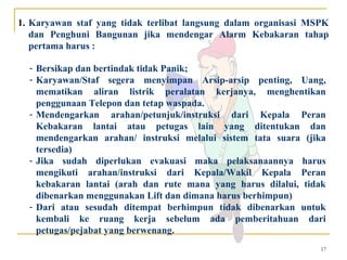 1. Karyawan staf yang tidak terlibat langsung dalam organisasi MSPK
   dan Penghuni Bangunan jika mendengar Alarm Kebakaran tahap
   pertama harus :

  - Bersikap dan bertindak tidak Panik;
  - Karyawan/Staf segera menyimpan Arsip-arsip penting, Uang,
    mematikan aliran listrik peralatan kerjanya, menghentikan
    penggunaan Telepon dan tetap waspada.
  - Mendengarkan arahan/petunjuk/instruksi dari Kepala Peran
    Kebakaran lantai atau petugas lain yang ditentukan dan
    mendengarkan arahan/ instruksi melalui sistem tata suara (jika
    tersedia)
  - Jika sudah diperlukan evakuasi maka pelaksanaannya harus
    mengikuti arahan/instruksi dari Kepala/Wakil Kepala Peran
    kebakaran lantai (arah dan rute mana yang harus dilalui, tidak
    dibenarkan menggunakan Lift dan dimana harus berhimpun)
  - Dari atau sesudah ditempat berhimpun tidak dibenarkan untuk
    kembali ke ruang kerja sebelum ada pemberitahuan dari
    petugas/pejabat yang berwenang.
                                                                 17
 