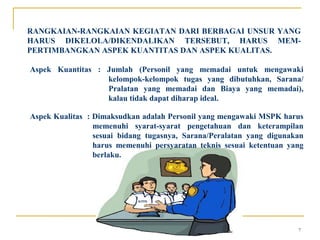 RANGKAIAN-RANGKAIAN KEGIATAN DARI BERBAGAI UNSUR YANG
HARUS DIKELOLA/DIKENDALIKAN TERSEBUT, HARUS MEM-
PERTIMBANGKAN ASPEK KUANTITAS DAN ASPEK KUALITAS.

Aspek Kuantitas : Jumlah (Personil yang memadai untuk mengawaki
                  kelompok-kelompok tugas yang dibutuhkan, Sarana/
                  Pralatan yang memadai dan Biaya yang memadai),
                  kalau tidak dapat diharap ideal.

Aspek Kualitas : Dimaksudkan adalah Personil yang mengawaki MSPK harus
                 memenuhi syarat-syarat pengetahuan dan keterampilan
                 sesuai bidang tugasnya, Sarana/Peralatan yang digunakan
                 harus memenuhi persyaratan teknis sesuai ketentuan yang
                 berlaku.




                                                                      7
 