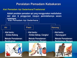 Peralatan Pemadam KebakaranPeralatan Pemadam Kebakaran
Alat Pemadam Api Sederhana/Tradisional
Adalah peralatan pemadam api yang menggunakan media/bahan
dari alam & penggunaan maupun pemindahannya secara
sederhana.
Alat Pemadam Api Sederhana
Air Pasir Karung
Alat bantu:
- Ember,Kaleng
Metode Pemadaman:
Pendinginan
Alat bantu:
- Ember,Sekop, Cangkul
Metode Pemadaman:
Pembatasan Oksigen
Alat bantu:
- Karung goni
Metode Pemadaman:
Pembatasan Oksigen
 