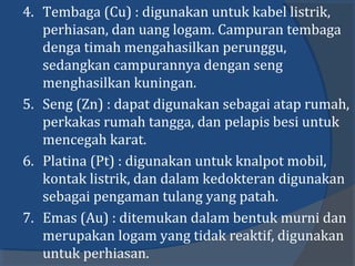 4. Tembaga (Cu) : digunakan untuk kabel listrik,
perhiasan, dan uang logam. Campuran tembaga
denga timah mengahasilkan perunggu,
sedangkan campurannya dengan seng
menghasilkan kuningan.
5. Seng (Zn) : dapat digunakan sebagai atap rumah,
perkakas rumah tangga, dan pelapis besi untuk
mencegah karat.
6. Platina (Pt) : digunakan untuk knalpot mobil,
kontak listrik, dan dalam kedokteran digunakan
sebagai pengaman tulang yang patah.
7. Emas (Au) : ditemukan dalam bentuk murni dan
merupakan logam yang tidak reaktif, digunakan
untuk perhiasan.
 