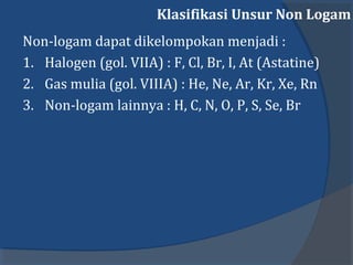 Klasifikasi Unsur Non Logam
Non-logam dapat dikelompokan menjadi :
1. Halogen (gol. VIIA) : F, Cl, Br, I, At (Astatine)
2. Gas mulia (gol. VIIIA) : He, Ne, Ar, Kr, Xe, Rn
3. Non-logam lainnya : H, C, N, O, P, S, Se, Br
 