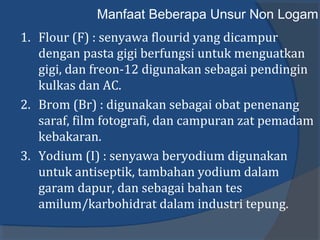 Manfaat Beberapa Unsur Non Logam
1. Flour (F) : senyawa flourid yang dicampur
dengan pasta gigi berfungsi untuk menguatkan
gigi, dan freon-12 digunakan sebagai pendingin
kulkas dan AC.
2. Brom (Br) : digunakan sebagai obat penenang
saraf, film fotografi, dan campuran zat pemadam
kebakaran.
3. Yodium (I) : senyawa beryodium digunakan
untuk antiseptik, tambahan yodium dalam
garam dapur, dan sebagai bahan tes
amilum/karbohidrat dalam industri tepung.
 
