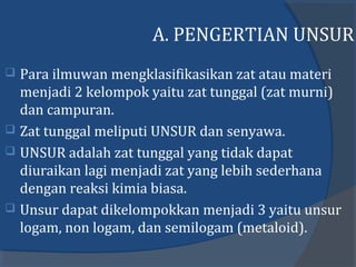 A. PENGERTIAN UNSUR
 Para ilmuwan mengklasifikasikan zat atau materi
menjadi 2 kelompok yaitu zat tunggal (zat murni)
dan campuran.
 Zat tunggal meliputi UNSUR dan senyawa.
 UNSUR adalah zat tunggal yang tidak dapat
diuraikan lagi menjadi zat yang lebih sederhana
dengan reaksi kimia biasa.
 Unsur dapat dikelompokkan menjadi 3 yaitu unsur
logam, non logam, dan semilogam (metaloid).
 