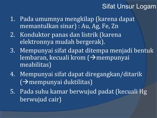 Sifat Unsur Logam
1. Pada umumnya mengkilap (karena dapat
memantulkan sinar) : Au, Ag, Fe, Zn
2. Konduktor panas dan listrik (karena
elektronnya mudah bergerak).
3. Mempunyai sifat dapat ditempa menjadi bentuk
lembaran, kecuali krom (mempunyai
meabilitas)
4. Mempunyai sifat dapat diregangkan/ditarik
(mempunyai duktilitas)
5. Pada suhu kamar berwujud padat (kecuali Hg
berwujud cair)
 
