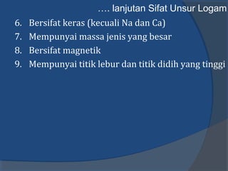 …. lanjutan Sifat Unsur Logam
6. Bersifat keras (kecuali Na dan Ca)
7. Mempunyai massa jenis yang besar
8. Bersifat magnetik
9. Mempunyai titik lebur dan titik didih yang tinggi
 