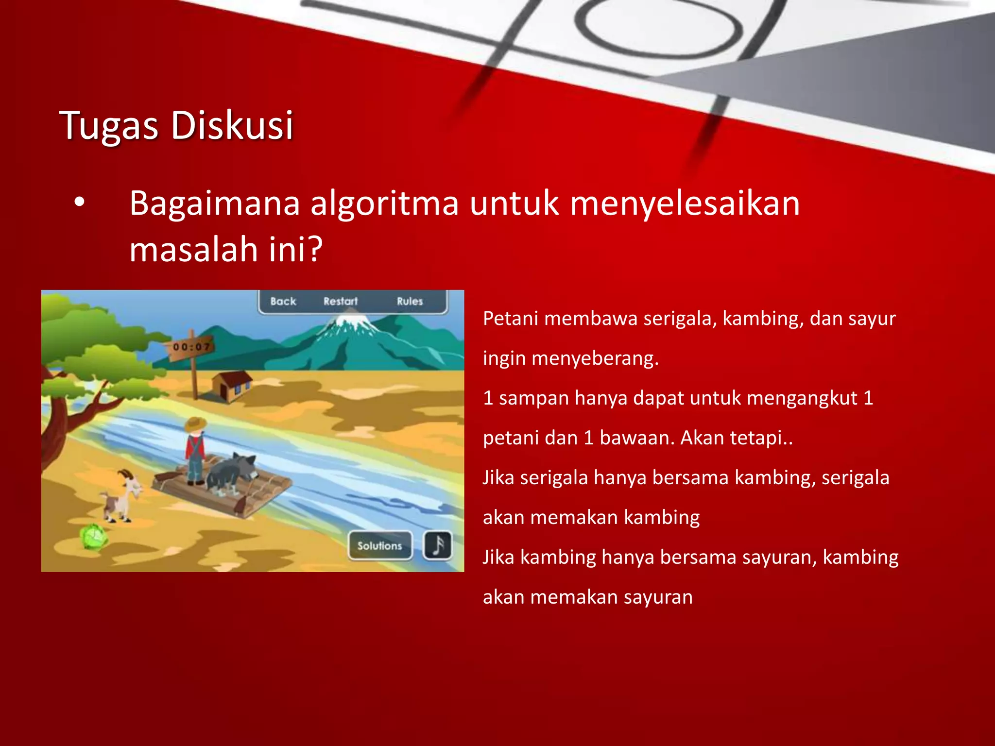 Tugas Diskusi
• Bagaimana algoritma untuk menyelesaikan
masalah ini?
Petani membawa serigala, kambing, dan sayur
ingin menyeberang.
1 sampan hanya dapat untuk mengangkut 1
petani dan 1 bawaan. Akan tetapi..
Jika serigala hanya bersama kambing, serigala
akan memakan kambing
Jika kambing hanya bersama sayuran, kambing
akan memakan sayuran
 