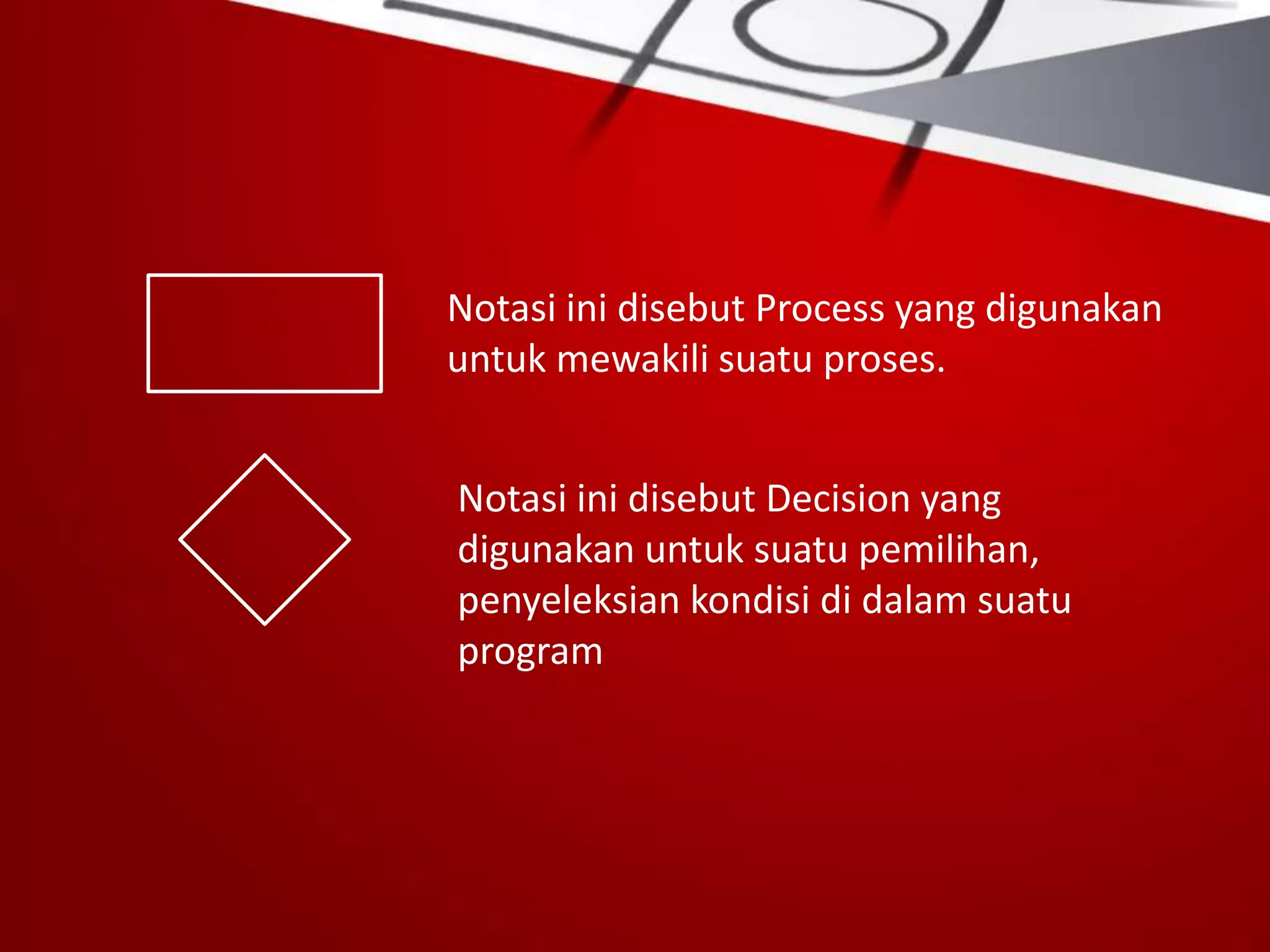 Notasi ini disebut Process yang digunakan
untuk mewakili suatu proses.
Notasi ini disebut Decision yang
digunakan untuk suatu pemilihan,
penyeleksian kondisi di dalam suatu
program
 