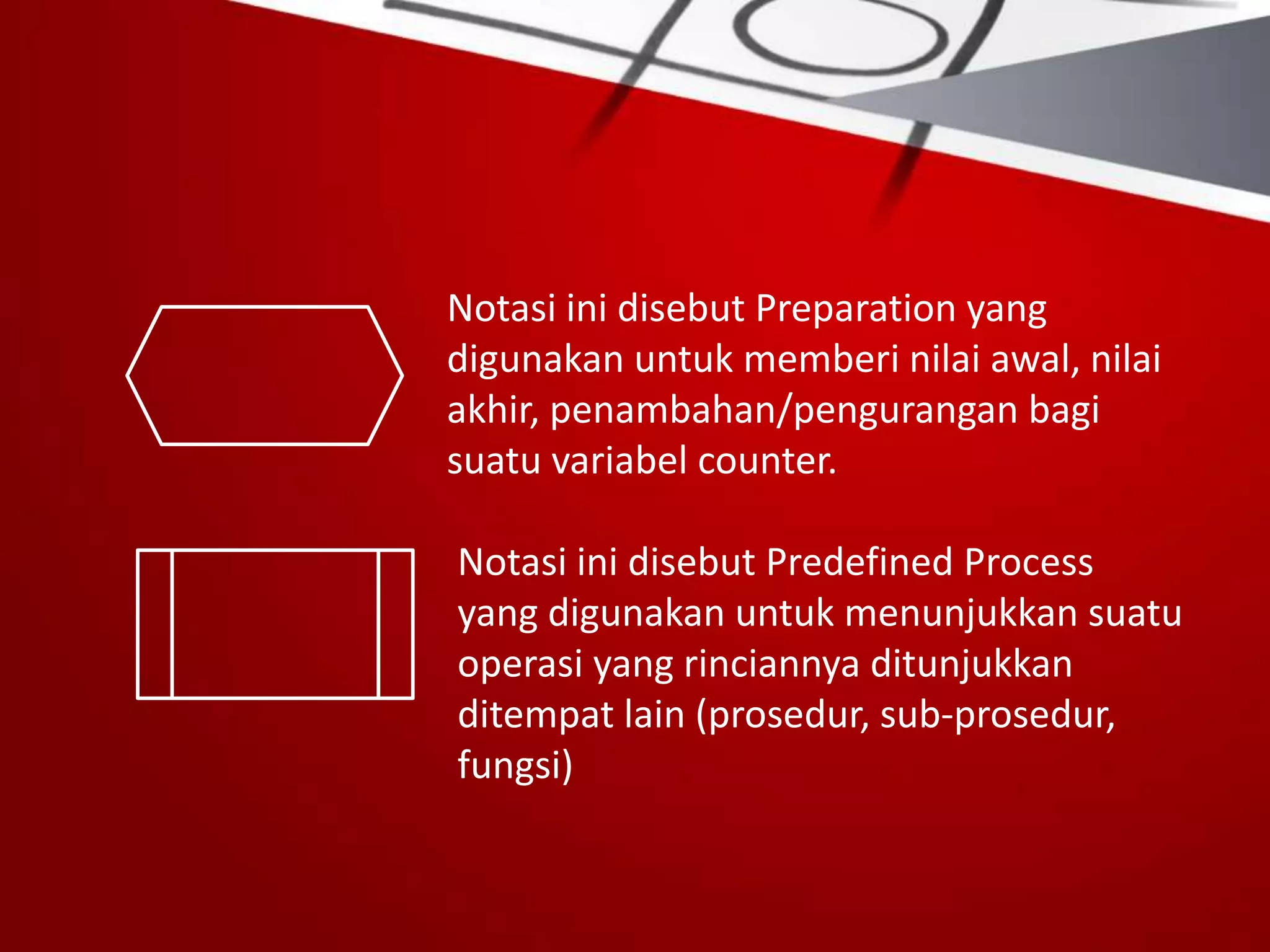 Notasi ini disebut Preparation yang
digunakan untuk memberi nilai awal, nilai
akhir, penambahan/pengurangan bagi
suatu variabel counter.
Notasi ini disebut Predefined Process
yang digunakan untuk menunjukkan suatu
operasi yang rinciannya ditunjukkan
ditempat lain (prosedur, sub-prosedur,
fungsi)
 