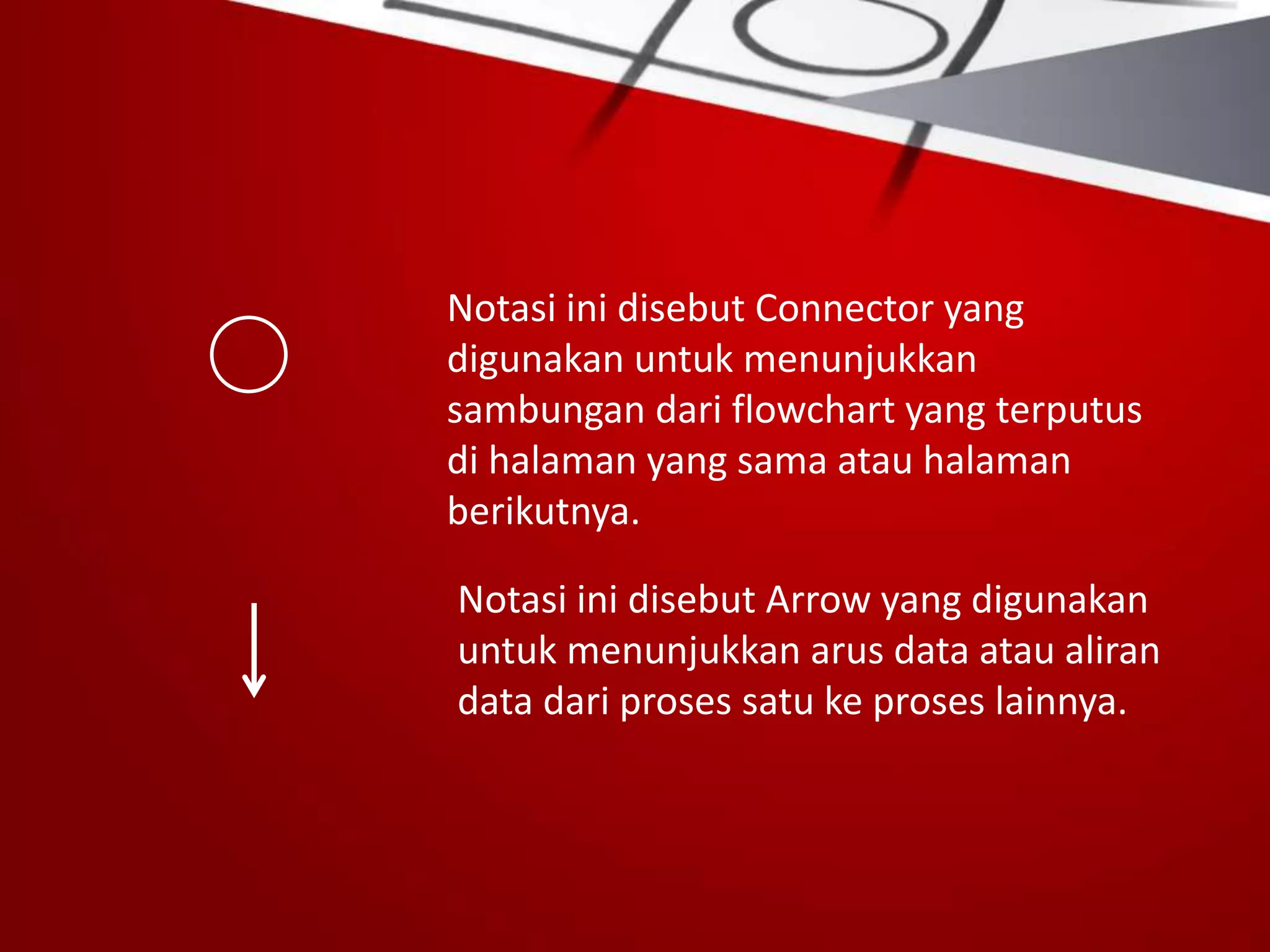 Notasi ini disebut Connector yang
digunakan untuk menunjukkan
sambungan dari flowchart yang terputus
di halaman yang sama atau halaman
berikutnya.
Notasi ini disebut Arrow yang digunakan
untuk menunjukkan arus data atau aliran
data dari proses satu ke proses lainnya.
 