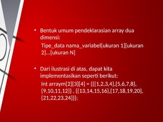 • Bentuk umum pendeklarasian array dua
dimensi:
Tipe_data nama_variabel[ukuran 1][ukuran
2]...[ukuran N]
• Dari ilustrasi di atas, dapat kita
implementasikan seperti berikut:
Int arraym[2][3][4] = {{{1,2,3,4},{5,6,7,8},
{9,10,11,12}} , {{13,14,15,16},{17,18,19,20},
{21,22,23,24}}};
 