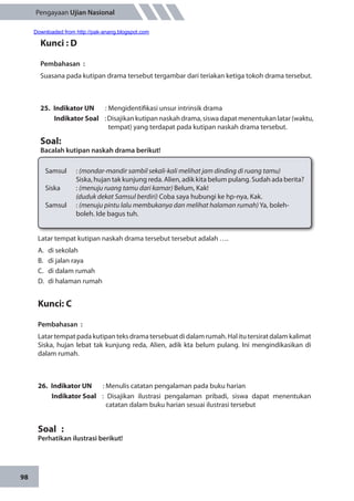 98
Pengayaan Ujian Nasional
Kunci : D
Pembahasan	:
Suasana pada kutipan drama tersebut tergambar dari teriakan ketiga tokoh drama tersebut.
25.	 Indikator UN	 : Mengidentifikasi unsur intrinsik drama
Indikator Soal	 :Disajikankutipannaskahdrama,siswadapatmenentukanlatar(waktu,
tempat) yang terdapat pada kutipan naskah drama tersebut.
Soal:
Bacalah kutipan naskah drama berikut!
Samsul		: (mondar-mandir sambil sekali-kali melihat jam dinding di ruang tamu)
		Siska, hujan tak kunjung reda. Alien, adik kita belum pulang. Sudah ada berita?
Siska 		: (menuju ruang tamu dari kamar) Belum, Kak!
		(duduk dekat Samsul berdiri) Coba saya hubungi ke hp-nya, Kak.
Samsul		: (menuju pintu lalu membukanya dan melihat halaman rumah) Ya, boleh-		
		boleh. Ide bagus tuh.	
Latar tempat kutipan naskah drama tersebut tersebut adalah ….
A.	 di sekolah
B.	 di jalan raya
C.	 di dalam rumah
D.	 di halaman rumah
Kunci: C
Pembahasan	:
Latartempatpadakutipanteksdramatersebuatdidalamrumah.Halitutersiratdalamkalimat
Siska, hujan lebat tak kunjung reda, Alien, adik kta belum pulang. Ini mengindikasikan di
dalam rumah.
26.	 Indikator UN	 : Menulis catatan pengalaman pada buku harian
Indikator Soal	 : Disajikan ilustrasi pengalaman pribadi, siswa dapat menentukan
catatan dalam buku harian sesuai ilustrasi tersebut
Soal	 :
Perhatikan ilustrasi berikut!
Downloaded from http://pak-anang.blogspot.com
 