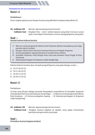 100
Pengayaan Ujian Nasional
Kunci : C
Pembahasan	:
Pesan singkat paling sesuai dengan ilustrasi yang diberikan terdapat pada pilihan (C).
28.	 Indikator UN	 : Menulis laporan/pengumuman/resensi
Indikator Soal	 : Disajikan lima – enam kalimat laporan yang belum tersusun secara
padu, siswa dapat menentukan susunan paragrag laporan yang padu.
Soal	 :
Bacalah kalimat-kalimat berikut!
1)	 Menurut cerita pengemudi cidomo, Kota Ampenan dahulu merupakan pusat niaga
pertama kali di Lombok.
2)	 Dengan cidomo kami menyusuri kawasan kota tua di wilayah Ampenan.
3)	 Semasa penjajahan Jepang, kawasan ini sempat hancur dibom.
4)	 Kompleks Ampenan mirip dengan Kota Lama atau kawasan Gang Pinggir di Kota
Semarang.
5)	 Sekarang perniagaan di Ampenan sudah bangkit lagi.
Kalimat-kalimat tersebut akan menjadi paragraf laporan yang padu dengan urutan ....
A.	(2)-(1)-(4)-(5)-(3)
B.	(3)-(1)-(4)-(2)-(5)
C.	(2)-(4)-(1)-(3)-(5)
D.	(3)-(4)-(1)-(5)-(2)
Kunci : C
Pembahasan	:
(2) Kata yang dirujuk sebagai penanda keterpaduan antarkalimat (4) Kompleks Ampenan
miripdenganKotaLamaataukawasanGangPinggir…(1)MenurutceritapengemudiCidomo,
Kota Ampenan …(3) Semasa penjajahan Jepang, … (5) Sekarang perniagaan di Ampenan
sudah bangkit lagi.
29.	 Indikator UN	 : Menulis laporan/pengumuman/resensi
Indikator Soal	 : Disajikan ilustrasi kegiatan di sekolah, siswa dapat menentukan
penulisan pengumuman yang tepat.
Soal	:
Perhatikan ilustrasi kegiatan berikut!
Downloaded from http://pak-anang.blogspot.com
 