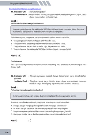110
Pengayaan Ujian Nasional
41.	 Indikator UN	 : Menulis teks pidato
Indikator Soal	 : Disajikan teks pidato yang penulisan kata sapaannya tidak tepat, siswa
dapat menentukan perbaikannya.
Soal	:
Perhatikan kutipan teks pidato berikut!
Yang sangat terhormat Bapak Kepala SMP Mandiri Jaya, Bapak Hartono Sahid. Pertama,
marilah kita bersyukur ke hadirat Tuhan yang Maha Pengasih.
Perbaikan sapaan yang tepat pada kutipan teks pidato tersebut adalah …
A.	 Yang sangat saya hormati Kepala SMP Mandiri Jaya.
B.	 Yang terhormat Bapak Kepala SMP Mandiri Jaya, Hartono Sahid.
C.	 Yang terhormat Kepala SMP Mandiri Jaya, Bapak Hartono Sahid.
D.	 Yang terhormat Bapak Kepala SMP Mandiri Jaya, Bapak Hartono Sahid.
Kunci : C
Pembahasan	:
Kata sapaan tidak perlu ada di depan jabatan seseorang. Kata Bapak tidak perlu di depan kata
Kepala SMP.
42.	 Indikator UN	 : Menulis rumusan masalah karya ilmiah/saran karya ilmiah/daftar
pustaka
Indikator Soal	 : Disajikan tema karya ilmiah, siswa dapat menentukan rumusan
masalah karya ilmiah yang tepat berdasarkan tema tersebut
Soal	:
Perhatikan tema karya ilmiah berikut!
Tema karya ilmiah: peran pelajar dalam menciptakan lingkungan yang bersih.
Rumusan masalah karya ilmiah yang tepat sesuai tema tersebut adalah …
A.	 Berapa pelajar yang dapat berperan dalam menjaga kebersihan?
B.	 Di mana pelajar berperan dalam menjaga kebersihan lingkungan?
C.	 Bagaimana peran pelajar dalam menciptakan lingkungan yang bersih?
D.	 Mengapa pelajar harus ikut berperan dalam menciptakan kebersihan?
Kunci		 : C
Downloaded from http://pak-anang.blogspot.com
 