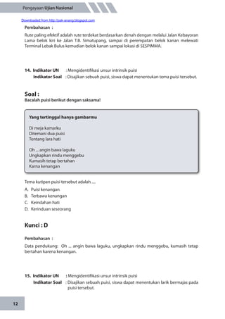 12
Pengayaan Ujian Nasional
Pembahasan	:
Rute paling efektif adalah rute terdekat berdasarkan denah dengan melalui Jalan Kebayoran
Lama belok kiri ke Jalan T.B. Simatupang, sampai di perempatan belok kanan melewati
Terminal Lebak Bulus kemudian belok kanan sampai lokasi di SESPIMMA.
14.	 Indikator UN	 : Mengidentifikasi unsur intrinsik puisi
Indikator Soal	 : Disajikan sebuah puisi, siswa dapat menentukan tema puisi tersebut.
Soal :
Bacalah puisi berikut dengan saksama!
Yang tertinggal hanya gambarmu
Di meja kamarku
Ditemani dua puisi
Tentang lara hati
Oh ... angin bawa laguku
Ungkapkan rindu menggebu
Kumasih tetap bertahan
Karna kenangan
Tema kutipan puisi tersebut adalah ....
A.	 Puisi kenangan
B.	 Terbawa kenangan
C.	 Keindahan hati
D.	 Kerinduan seseorang
Kunci : D
Pembahasan	:
Data pendukung: Oh ... angin bawa laguku, ungkapkan rindu menggebu, kumasih tetap
bertahan karena kenangan.
15.	 Indikator UN	 : Mengidentifikasi unsur intrinsik puisi
Indikator Soal	 : Disajikan sebuah puisi, siswa dapat menentukan larik bermajas pada
puisi tersebut.
Downloaded from http://pak-anang.blogspot.com
 