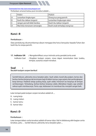 14
Pengayaan Ujian Nasional
Perbedaan amanat kedua puisi tersebut adalah ...
PUISI I PUISI II
A Lestarikan lingkungan Orang tua yang pamrih
B Kasih ibu takkan terganti Lestarikan lingkungan alam
C Jangan pernah lelah berdoa Kasih ibu takkan terganti
D Mari kita menanam semangka Kasih anak terhadap orang tua
Kunci : B
Pembahasan	:
Data pendukung: dicantumkannya alasan mengapa kita harus bersyukur kepada Tuhan dan
kasih ibu itu tanpa pamrih.
17.	 Indikator UN	 : Mengidentifikasi unsur intrinsik cerita pendek/cerita anak
Indikator Soal	 : Disajikan kutipan cerpen, siswa dapat menentukan latar (waktu,
tempat, suasana) cerpen tersebut.
Soal		 :
Bacalah kutipan cerpen berikut!
Sambil tiduran, pikiranku terus berjalan-jalan. Ayah selalu marah jika pulpen, kertas dan
berkas-berkaskerjanyataktersimpanlagididalamtasnya,jugasepatudanperlengkapan
kerja lainnya. Padahal setiap pulang kerja, ayah selalu menaruh tas kerjanya di tempat
sembarangan. Terkadang, berkas-berkas kerjanya selalu diletakkan begitu saja setelah
selesai ayah membacanya. Tentu saja, kebiasaan ini membuat ibu menjadi sangat baik.
Latar tempat pada kutipan cerpen tersebut adalah di ....
A.	 ruang kerja
B.	 ruang makan
C.	 kamar tamu
D.	 kamar tidur
Kunci : D
Pembahasan	:
Latar tempat dalam cerita tersebut adalah di kamar tidur. Hal ini didukung oleh bagian cerita
tersebut, yaitu … Sambil tiduran, pikiranku terus berjalan-jalan ...
Downloaded from http://pak-anang.blogspot.com
 