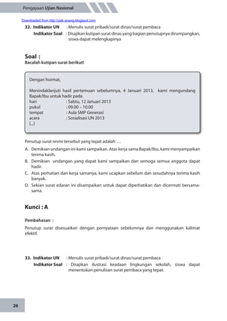26
Pengayaan Ujian Nasional
32.	 Indikator UN	 : Menulis surat pribadi/surat dinas/surat pembaca
Indikator Soal	 : Disajikan kutipan surat dinas yang bagian penutupnya dirumpangkan,
siswa dapat melengkapinya
Soal	:
Bacalah kutipan surat berikut!
Dengan hormat,
Menindaklanjuti hasil pertemuan sebelumnya, 4 Januari 2013, kami mengundang
Bapak/Ibu untuk hadir pada
hari		 : Sabtu, 12 Januari 2013
pukul		 : 09.00 – 10.00
tempat		 : Aula SMP Generasi
acara		 : Sosialisasi UN 2013
[...]
Penutup surat resmi tersebut yang tepat adalah …
A.	 Demikian undangan ini kami sampaikan. Atas kerja sama Bapak/Ibu, kami menyampaikan
terima kasih.
B.	 Demikian undangan yang dapat kami sampaikan dan semoga semua anggota dapat
hadir.
C.	 Atas perhatian dan kerja samanya, kami ucapkan sebelum dan sesudahnya terima kasih
banyak.
D.	 Sekian surat edaran ini disampaikan untuk dapat diperhatikan dan dicermati bersama-
sama.
Kunci : A
Pembahasan	:
Penutup surat disesuaikan dengan pernyataan sebelumnya dan menggunakan kalimat
efektif.
33.	 Indikator UN	 : Menulis surat pribadi/surat dinas/surat pembaca
Indikator Soal	: Disajikan ilustrasi keadaan lingkungan sekolah, siswa dapat
menentukan penulisan surat pembaca yang tepat.
Downloaded from http://pak-anang.blogspot.com
 