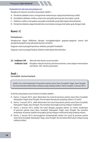 28
Pengayaan Ujian Nasional
Rangkuman bacaan tersebut yang tepat adalah ...
A.	 Penderita diabetes harus mengontrol makanannya supaya kesehatannya stabil.
B.	 Komplikasi diabetes melitus antara lain penyakit jantung dan kerusakan syaraf.
C.	 Diabetes melitus merupakan penyakit metabolik yang tidak dapat disembuhkan.
D.	 Penderita diabetes dapat beraktivitas normal jika mengontrol kadar gula dengan baik.
Kunci : C
Pembahasan	:
Rangkuman dapat dilakukan dengan menggabungkan gagasan-gagasan utama dari
paragraf-paragraf yang ada pada bacaan tersebut.
Gagasan utama paragraf pertama: diabetes penyakit metabolik
Gagasan utama paragraf kedua: diabetes tidak dapat disembuhkan
35.	 Indikator UN	 : Menulis teks berita sesuai konteks
Indikator Soal	 : Disajikan sebuah ilustrasi peristiwa tertentu, siswa dapat menentukan
penulisan teks berita yang tepat.
Soal	:
Cermatilah ilustrasi berikut!
Seekor hiu tutul terdampar di perairan pantai utara Desa Suradadi, Tegal, Jawa Tengah.
Hiu tutul tersebut ditemukan nelayan yang sedang melaut. Hal itu terjadi, 3 Januari 2013.
Isi berita yang tepat sesuai ilustrasi tersebut adalah ...
A.	 Kamis, 3 Januari 2013, akan ditemukan hiu tutul di perairan pantai utara Desa Suradadi,
Kabupaten Tegal, Jawa Tengah. Hiu tersebut berukuran panjang sekitar 5,2 meter.
B.	 Kamis, 3 Januari 2013, telah ditemukan hiu tutul di perairan pantai utara Desa Suradadi,
Kabupaten Tegal, Jawa Tengah. Hiu tersebut tersangkut jaring nelayan tradisional.
C.	 Kamis, 3 Januari 2013, seekor hiu tutul dengan panjang sekitar 5,2 meter, terdampar
di perairan pantai utara Desa Suradadi, Kabupaten Tegal, Jawa Tengah. Hiu tersebut
terdampar di pantai setelah tersangkut jaring nelayan tradisional yang sedang melaut.
D.	 Kamis, 3 Januari 2013, kemungkinan terdamparlah seekor hiu tutul di perairan pantai
utara Desa Suradadi, KabupatenTega, JawaTengah. Hiu tersebut ditemukan nelayan yang
sedang melaut.
Downloaded from http://pak-anang.blogspot.com
 