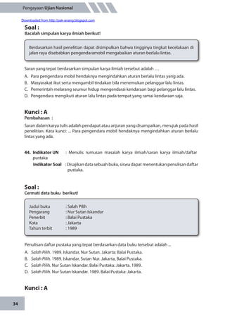 34
Pengayaan Ujian Nasional
Soal :
Bacalah simpulan karya ilmiah berikut!
Berdasarkan hasil penelitian dapat disimpulkan bahwa tingginya tingkat kecelakaan di
jalan raya disebabkan pengendaramobil mengabaikan aturan berlalu lintas.
Saran yang tepat berdasarkan simpulan karya ilmiah tersebut adalah …
A.	 Para pengendara mobil hendaknya mengindahkan aturan berlalu lintas yang ada.
B.	 Masyarakat ikut serta mengambil tindakan bila menemukan pelanggar lalu lintas.
C.	 Pemerintah melarang seumur hidup mengendarai kendaraan bagi pelanggar lalu lintas.
D.	 Pengendara mengikuti aturan lalu lintas pada tempat yang ramai kendaraan saja.
Kunci : A
Pembahasan	:
Saran dalam karya tulis adalah pendapat atau anjuran yang disampaikan, merujuk pada hasil
penelitian. Kata kunci: ... Para pengendara mobil hendaknya mengindahkan aturan berlalu
lintas yang ada.
44.	 Indikator UN	 : Menulis rumusan masalah karya ilmiah/saran karya ilmiah/daftar
pustaka
Indikator Soal	 : Disajikan data sebuah buku, siswa dapat menentukan penulisan daftar
pustaka.
Soal :
Cermati data buku berikut!
Judul buku		 : Salah Pilih
Pengarang		 : Nur Sutan Iskandar
Penerbit		 : Balai Pustaka
Kota		 : Jakarta
Tahun terbit		 : 1989
Penulisan daftar pustaka yang tepat berdasarkan data buku tersebut adalah ...
A.	 Salah Pilih. 1989. Iskandar, Nur Sutan. Jakarta: Balai Pustaka.
B.	 Salah Pilih. 1989. Iskandar, Sutan Nur. Jakarta, Balai Pustaka.
C.	 Salah Pilih. Nur Sutan Iskandar. Balai Pustaka: Jakarta. 1989.
D.	 Salah Pilih. Nur Sutan Iskandar. 1989. Balai Pustaka: Jakarta.
Kunci : A
Downloaded from http://pak-anang.blogspot.com
 