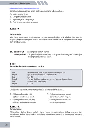 38
Pengayaan Ujian Nasional
Larik bermajas yang tepat untuk melengkapi puisi tersebut adalah …
A.	 Udara begitu dingin
B.	 Langit hitam dan kelam
C.	 Nyiur bergerak ditiup angin
D.	 Puncak kelapa melambai-lambai
Kunci : C
Pembahasan	:
Kita dapat melengkapi puisi rumpang dengan memperhatikan larik sebelum dan sesudah
bagian yang dirumpangkan. Puncak kelapa melambai-lambai sesuai dengan larik di atasnya
dan larik bawahnya.
50.	 Indikator UN	 : Melengkapi naskah drama
Indikator Soal	 : Disajikan kutipan drama yang dialognya dirumpangkan, siswa dapat
melengkapinya dengan tepat.
Soal :
Perhatikan kutipan naskah drama berikut!
Ibu		 : Angel, mandi dulu, masa bangun tidur nyisir sih.
Angel		 : Iya, Bu.(seraya menuju kamar mandi)
Ibu		 : [...] (1)
Angel		 : Eh, iya. Sudah nggak sabar pengen ketemu Bu guru baru.
Ibu		 : Jangan lupa handuknya.
Angel		 : [...] (2)
Dialog yang tepat untuk melengkapi naskah drama tersebut adalah ...
A.	 (1) Jangan lupa sikat gigi.
	(2) Tentu aku tak mau basah.
B.	 (1) Jangan lupa sarapan pagi.
	(2) Tentu aku akan sampaikan.
C.	 (1) Jangan lupa salat subuh.
	 (2) Tentu aku akan simpan.
D.	 (1) Jangan lupa susun buku.
	(2) Iya, Ibuku sayang.
Kunci : A
Pembahasan	:
Melengkapi dialog dalam naskah drama harus memperhatikan dialog sebelum dan
sesudahnya. Hal ini dimaksudkan agar dialog yang dimasukkan pada bagian yang rumpang
menjadi padu.
Downloaded from http://pak-anang.blogspot.com
 