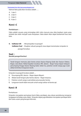 46
Pengayaan Ujian Nasional
Kalimat fakta pada iklan tersebut adalah ….
A.	 1 dan 5
B.	 2 dan 4
C.	 3 dan 5
D.	 4 dan 3
Kunci : C
Pembahasan	:
Fakta adalah sesuatu yang tertangkap oleh indra manusia atau data keadaan nyata yang
terbukti dan telah menjadi suatu kenyataan. Fakta dalam iklan dapat berbentuk frase atau
kata.
9.	 Indikator UN	 : Menyimpulkan isi paragraf
Indikator Soal	 : Disajikan sebuah paragraf, siswa dapat menentukan simpulan isi
paragraf tersebut.
Soal	:
Bacalah paragraf berikut!
Tanah longsor memutus jalur kereta antara Stasiun Bojong Gede dan Stasiun Cilebut,
Bogor, Jawa Barat. Akibat kejadian tersebut, KRL Jakarta – Bogor hanya dapat melayani
penumpang hingga Stasiun Bojong Gede. Selain itu, puluhan rumah warga juga rusak
akibat tertimbun longsoran tanah.
Simpulan isi paragraf tersebut adalah …
A.	 Penumpang KRL Jakarta – Bogor dapat dilayani.
B.	 Akibat tanah longsor jalur kereta Jakarta – Bogor terputus.
C.	 Puluhan rumah warga rusak akibat putusnya jalur kereta.
D.	 Longsoran tanah tidak merusak rumah warga sekitar rel kereta api.
Kunci : B
Pembahasan	:
Simpulan merupakan pernyataan berisi fakta, pendapat, atau alasan pendukung mengenai
tanggapan terhadap suatu objek. Simpulan dapat juga dikatakan merupakan pendapat akhir
dari suatu uraian yang berupa informasi.
Downloaded from http://pak-anang.blogspot.com
 
