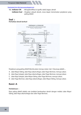 50
Pengayaan Ujian Nasional
13.	 Indikator UN	 : Mengidentifikasi isi grafik, tabel, bagan, denah
Indikator Soal	 : Disajikan sebuah denah, siswa dapat menentukan perjalanan yang
paling efektif.
Soal	 :
Perhatikan denah berikut!
Perjalanan yang paling efektif bila kita akan menuju Lokasi dari Citeureup adalah ...
A.	 Jalan Mayor Oding, Jalan Raya Jakarta Bogor, Jalan Tegar Beriman, menuju Lokasi.
B.	 Jalan Raya Sukajati, Jalan Raya Jakarta Bogor, Jalan Tegar Beriman, menuju Lokasi.
C.	 Jalan Raya Sukajati, Jalan Mayor Oding, Jalan Tegar Beriman, menuju Lokasi.
D.	 Jalan Tegar Beriman, Jalan Raya Jakarta Bogor, Jalan Mayor Oding, menuju Lokasi.
Kunci : A
Pembahasan	:
Rute paling efektif adalah rute terdekat berdasarkan denah dengan melalui Jalan Mayor
Oding, Jalan Raya Jakarta Bogor dan Jalan Tegar Beriman.
Downloaded from http://pak-anang.blogspot.com
 