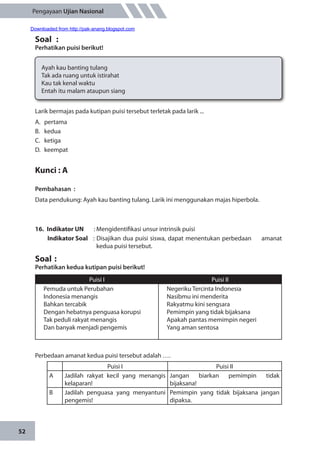 52
Pengayaan Ujian Nasional
Soal	 :
Perhatikan puisi berikut!
Ayah kau banting tulang
Tak ada ruang untuk istirahat
Kau tak kenal waktu
Entah itu malam ataupun siang
Larik bermajas pada kutipan puisi tersebut terletak pada larik ...
A.	pertama
B.	kedua
C.	ketiga
D.	keempat
Kunci : A
Pembahasan	:
Data pendukung: Ayah kau banting tulang. Larik ini menggunakan majas hiperbola.
16.	 Indikator UN	 : Mengidentifikasi unsur intrinsik puisi
Indikator Soal	 : Disajikan dua puisi siswa, dapat menentukan perbedaan amanat
kedua puisi tersebut.
Soal	:
Perhatikan kedua kutipan puisi berikut!
Puisi I Puisi II
Pemuda untuk Perubahan
Indonesia menangis
Bahkan tercabik
Dengan hebatnya penguasa korupsi
Tak peduli rakyat menangis
Dan banyak menjadi pengemis
Negeriku Tercinta Indonesia
Nasibmu ini menderita
Rakyatmu kini sengsara
Pemimpin yang tidak bijaksana
Apakah pantas memimpin negeri
Yang aman sentosa
Perbedaan amanat kedua puisi tersebut adalah ….
Puisi I Puisi II
A Jadilah rakyat kecil yang menangis
kelaparan!
Jangan biarkan pemimpin tidak
bijaksana!
B Jadilah penguasa yang menyantuni
pengemis!
Pemimpin yang tidak bijaksana jangan
dipaksa.
Downloaded from http://pak-anang.blogspot.com
 
