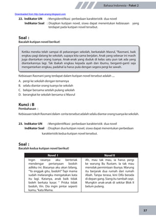 57
Bahasa Indonesia - Paket 2
22.	 Indikator UN	 : Mengidentifikasi perbedaan karakteristik dua novel
Indikator Soal	 : Disajikan kutipan novel, siswa dapat menentukan kebiasaan yang
terdapat pada kutipan novel tersebut.
Soal	:
Bacalah kutipan novel berikut!
Ketika mereka telah sampai di pekarangan sekolah, berkatalah Masrul, “Rasmani, baik
engkau pagi datang ke sekolah, supaya kita sama berjalan. Anak yang sebesar ini masih
juga diantarkan orang tuanya. Anak-anak yang duduk di kelas satu pun tak ada yang
diantarkannya lagi. Tak ibakah engkau kepada ayah dan ibumu, berganti-ganti saja
mengantarkan engkau, padahal ia harus pula dengan segera pergi ke sawah.
Kebiasaan Rasmani yang terdapat dalam kutipan novel tersebut adalah ....
A.	 pergi ke sekolah dengan temannya
B.	 selalu diantar orang tuanya ke sekolah
C.	 belajar bersama setelah pulang sekolah
D.	 berangkat ke sekolah bersama si Masrul
Kunci : B
Pembahasan	:
KebiasaantokohRasmanidalam ceritatersebutadalahselaludiantarorangtuanyakesekolah.
23.	 Indikator UN	 : Mengidentifikasi perbedaan karakteristik dua novel
Indikator Soal	 : Disajikan dua kutipan novel, siswa dapat menentukan perbedaan
karakteristik kedua kutipan novel tersebut.
Soal	:
Bacalah kedua kutipan novel berikut!
Novel I Novel II
Ingin rasanya aku berteriak
mendengar pertanyaan bodoh
adikku ini. Biasanya aku akan bilang,
“Ya enggak gitu, bodoh!” Tapi mama
sudah melarangku mengatakan kata
itu lagi. Katanya, anak baik tidak
boleh berkata kasar. “ Priska tidak
bodoh, Vin. Dia ingin pintar seperti
kamu,“kata Mama.
Ah, mau tak mau, ia harus pergi
ke warung Bu Rustam. Ia tak mau
menolak permintaan ibunya. Warung
itu berjarak dua rumah dari rumah
Abah. Tanpa terasa, kini Difa berada
di depan gang. Siang itu tambah sepi.
Mungkin anak-anak di sekitar Blok II
belum pulang.
Downloaded from http://pak-anang.blogspot.com
 