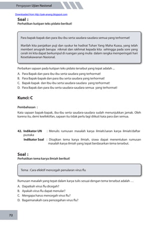 72
Pengayaan Ujian Nasional
Perbaikan sapaan pada kutipan teks pidato tersebut yang tepat adalah ...
A.	 Para Bapak dan para ibu-ibu serta saudara yang terhormat!
B.	 Para Bapak-bapak dan para ibu serta saudara yang terhormat!
C.	 Bapak-bapak dan Ibu-ibu serta saudara-saudara yang terhormat!
D.	 Para Bapak dan para ibu serta saudara-saudara semua yang terhormat!
Kunci: C
Pembahasan	:
Kata sapaan bapak-bapak, ibu-ibu serta saudara-saudara sudah menunjukkan jamak. Oleh
karena itu, demi keefektifan, sapaan itu tidak perlu lagi diikuti kata para dan semua.
42.	 Indikator UN	 : Menulis rumusan masalah karya ilmiah/saran karya ilmiah/daftar
pustaka
Indikator Soal	 : Disajikan tema karya ilmiah, siswa dapat menentukan rumusan
masalah karya ilmiah yang tepat berdasarkan tema tersebut.
Soal	:
Perhatikan tema karya ilmiah berikut!
Soal	:
Perhatikan kutipan teks pidato berikut!
Para bapak-bapak dan para ibu-ibu serta saudara-saudara semua yang terhormat!
Marilah kita panjatkan puji dan syukur ke hadirat Tuhan Yang Maha Kuasa, yang telah
memberi anugrah berupa nikmat dan rakhmat kepada kita sehingga pada sore yang
cerah ini kita dapat berkumpul di ruangan yang mulia dalam rangka memperingati hari
Kesetiakawanan Nasional.
Tema : Cara efektif mencegah penularan virus flu
Rumusan masalah yang tepat dalam karya tulis sesuai dengan tema tersebut adalah …
A.	 Dapatkah virus flu dicegah?
B.	 Apakah virus flu dapat menular?
C.	 Mengapa harus mencegah virus flu?
D.	 Bagaimanakah cara pencegahan virus flu?
Downloaded from http://pak-anang.blogspot.com
 