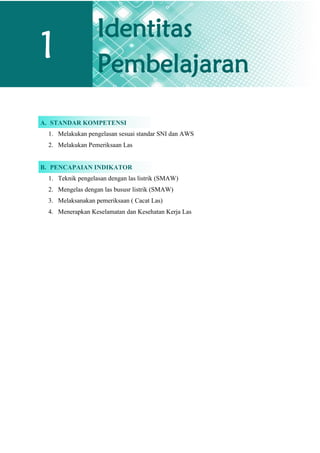 A. STANDAR KOMPETENSI
1. Melakukan pengelasan sesuai standar SNI dan AWS
2. Melakukan Pemeriksaan Las
B. PENCAPAIAN INDIKATOR
1. Teknik pengelasan dengan las listrik (SMAW)
2. Mengelas dengan las bususr listrik (SMAW)
3. Melaksanakan pemeriksaan ( Cacat Las)
4. Menerapkan Keselamatan dan Kesehatan Kerja Las
1
Identitas
Pembelajaran
 